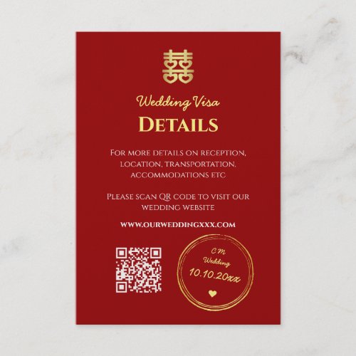 Dark red chinese wedding entry visa details enclosure card