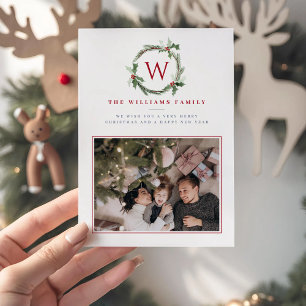 Dark Red Christmas Berries Wreath Holly Monogram Holiday Card
