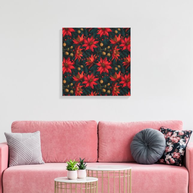 Dark Red Christmas Floral Pattern Canvas Print (Insitu(LivingRoom))