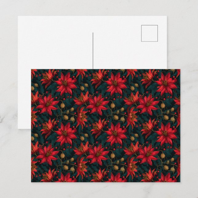 Dark Red Christmas Floral Pattern Postcard (Front/Back)