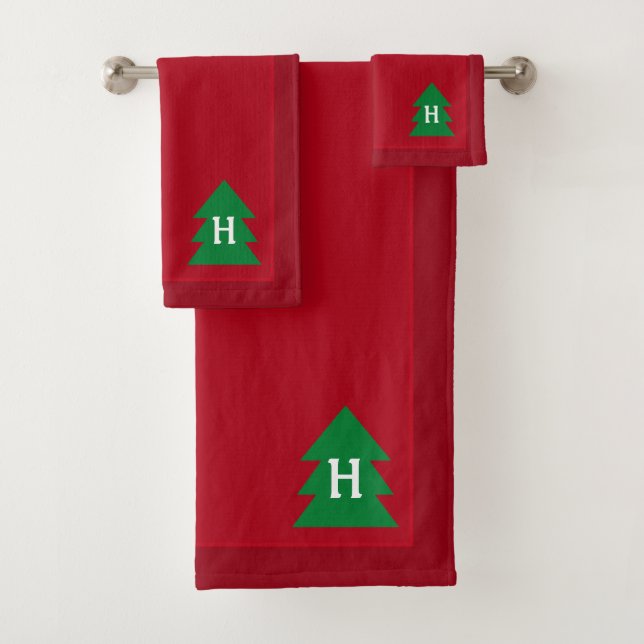 Dark Red Christmas Tree Custom Initial Elegant Bath Towel Set (Insitu)