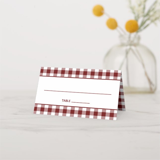 Dark Red Country Gingham Pattern Place Card (Front)
