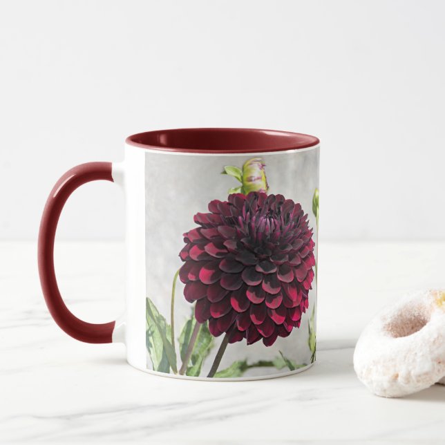 Dark Red Dahlia Bloom Floral Mug (With Donut)