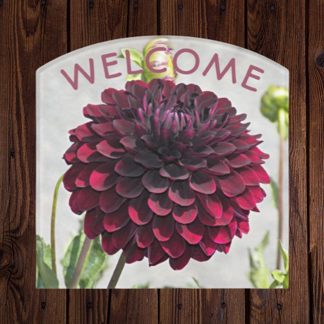 Dark Red Dahlia Bloom Floral Welcome Door Sign (In Situ)