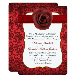 Dark Red Damask with Rose Wedding Invitation