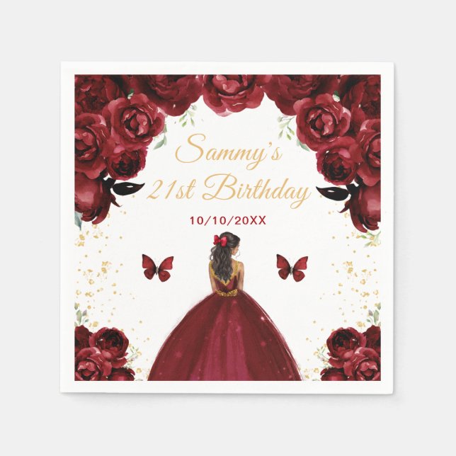 Dark Red Dark Skin Princess Birthday Party Napkins (Front)