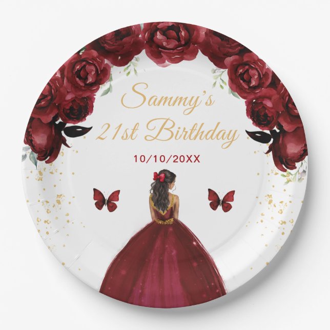 Dark Red Dark Skin Princess Birthday Party Paper Plates (Front)