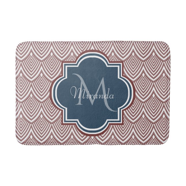 Dark Red Deco Scallops Navy Blue Monogram Name Bathroom Mat (Front)