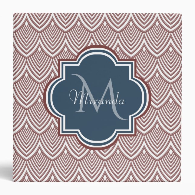 Dark Red Deco Scallops Navy Blue Monogram Name Binder (Front)