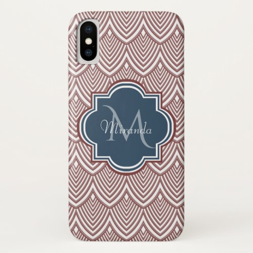 Dark Red Deco Scallops Navy Blue Monogram Name iPhone X Case