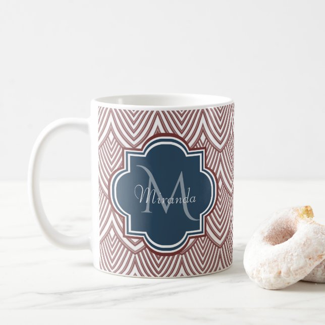 Dark Red Deco Scallops Navy Blue Monogram Name Coffee Mug (With Donut)