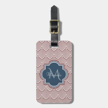 Dark Red Deco Scallops Navy Blue Monogram Name Luggage Tag by ohsogirly at Zazzle