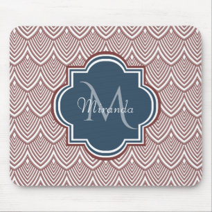 Dark Red Deco Scallops Navy Blue Monogram Name Mouse Pad