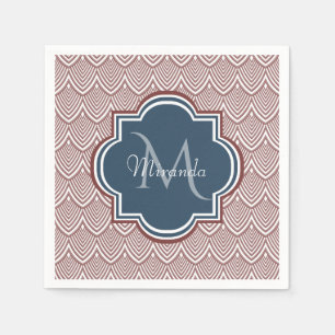 Dark Red Deco Scallops Navy Blue Monogram Name Napkins