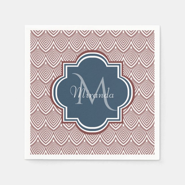 Dark Red Deco Scallops Navy Blue Monogram Name Napkins (Front)