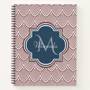 Dark Red Deco Scallops Navy Blue Monogram Name Notebook by ohsogirly at Zazzle