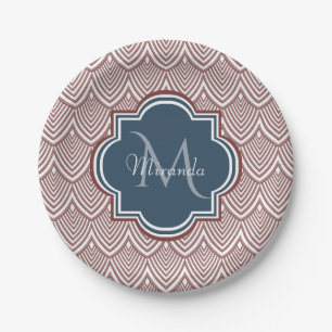 Dark Red Deco Scallops Navy Blue Monogram Name Paper Plates