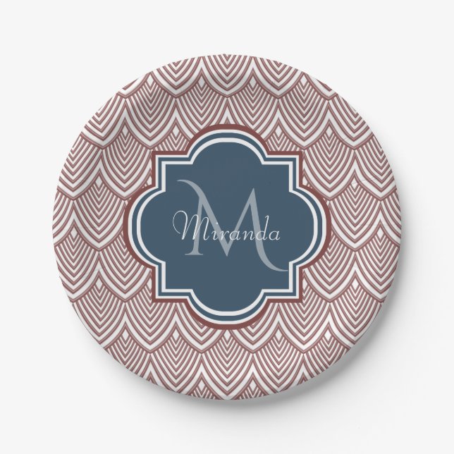 Dark Red Deco Scallops Navy Blue Monogram Name Paper Plates (Front)