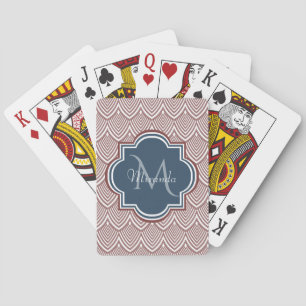 Dark Red Deco Scallops Navy Blue Monogram Name Poker Cards