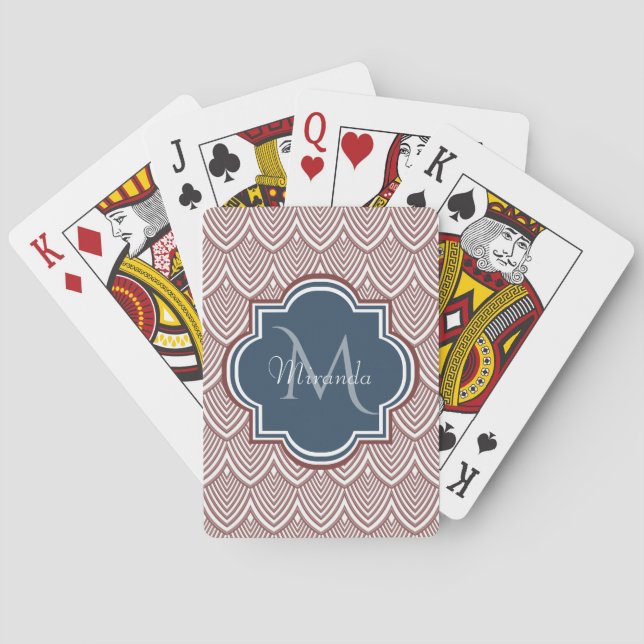 Dark Red Deco Scallops Navy Blue Monogram Name Poker Cards (Back)