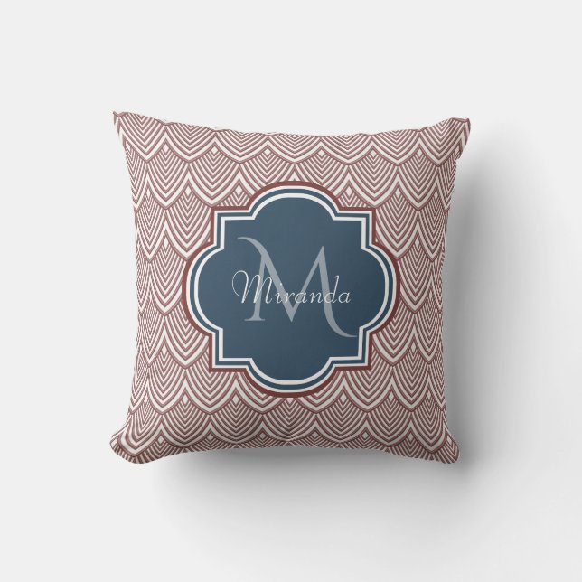 Dark Red Deco Scallops Navy Blue Monogram Name Throw Pillow (Front)