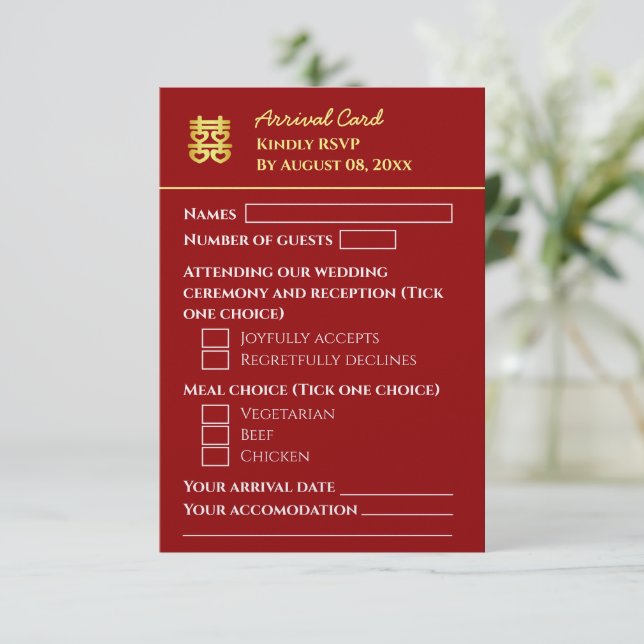 Dark red destination arrival chinese wedding RSVP card (Standing Front)