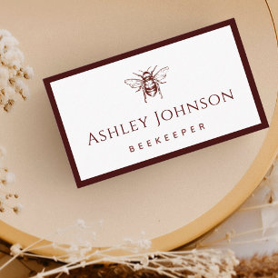 Dark Red Drawn Bee Beekeeper Honeycomb Elegant Business Card