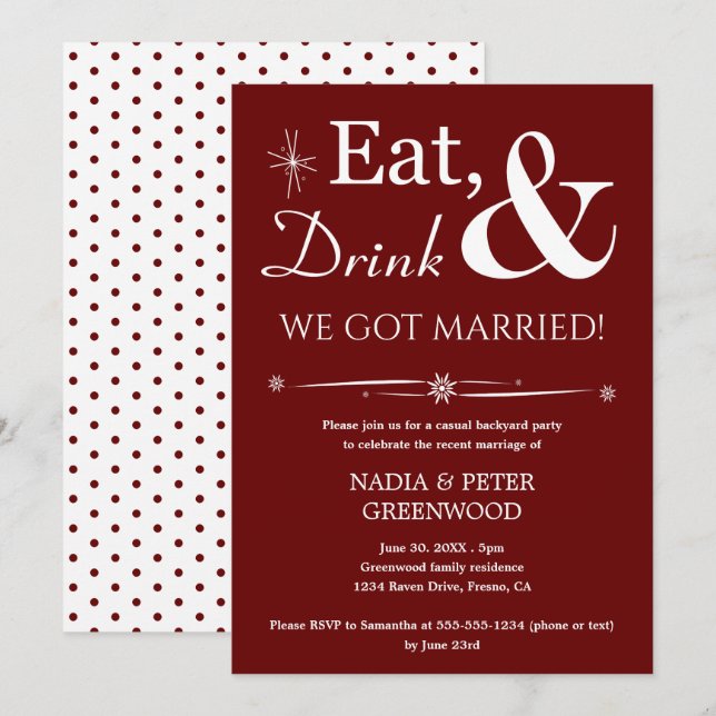 Dark Red Eat Drink We Got Married Elopement Party Invitation (Front/Back)