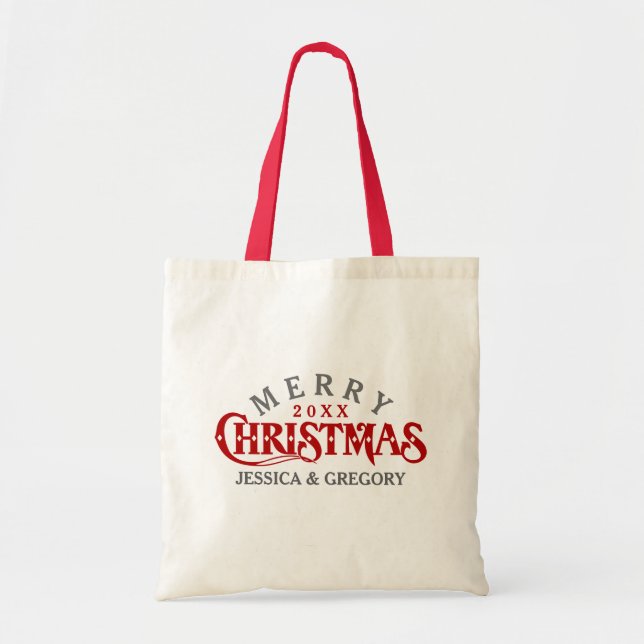 Dark Red Elegant Christmas Text Design Tote Bag (Front)