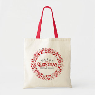 Dark Red Elegant Christmas Text & Wreath Tote Bag