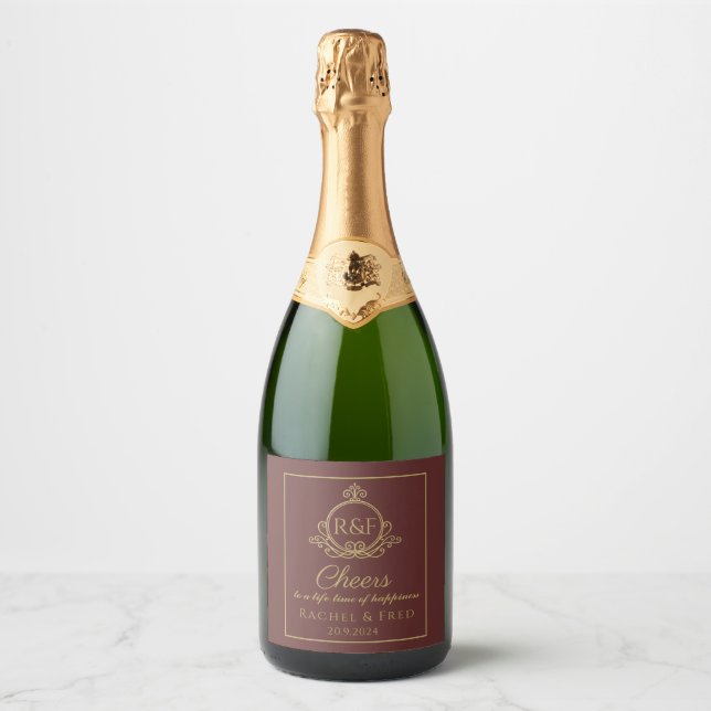 Dark Red Elegant Golden Calligraphy Wedding  Champ Sparkling Wine Label (Front)