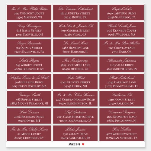 Dark Red Elegant Script 24 Wedding Guest Address Sticker