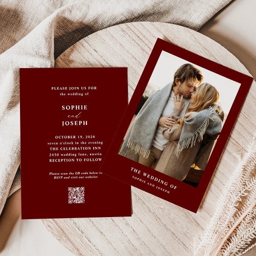 Dark Red Elegant Text and Photo  QR Code Wedding Invitation