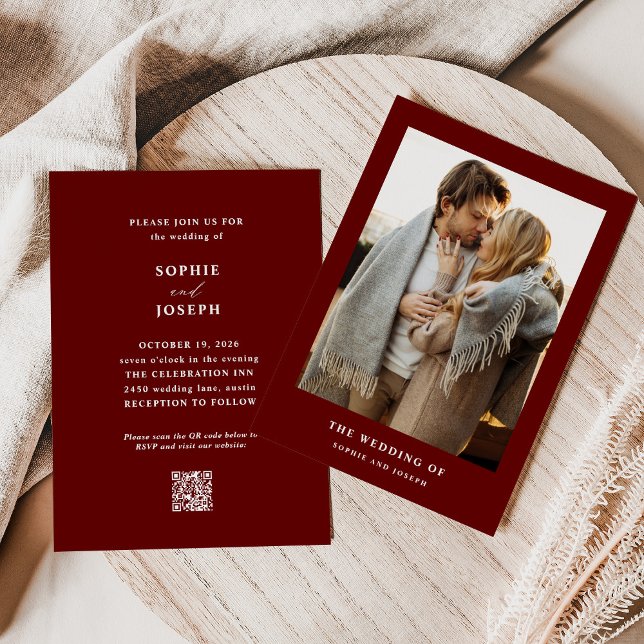 Dark Red Elegant Text and Photo | QR Code Wedding Invitation (Creator Uploaded)