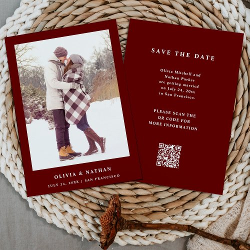 Dark Red Elegant Text and Photo  Wedding QR Code Save The Date