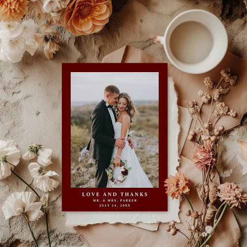 Dark Red Elegant Text and Photo  Wedding Thank You Card