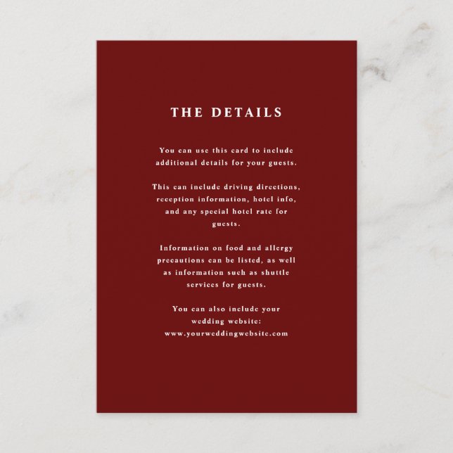 Dark Red Elegant Text | Wedding Guest Details Enclosure Card (Front)
