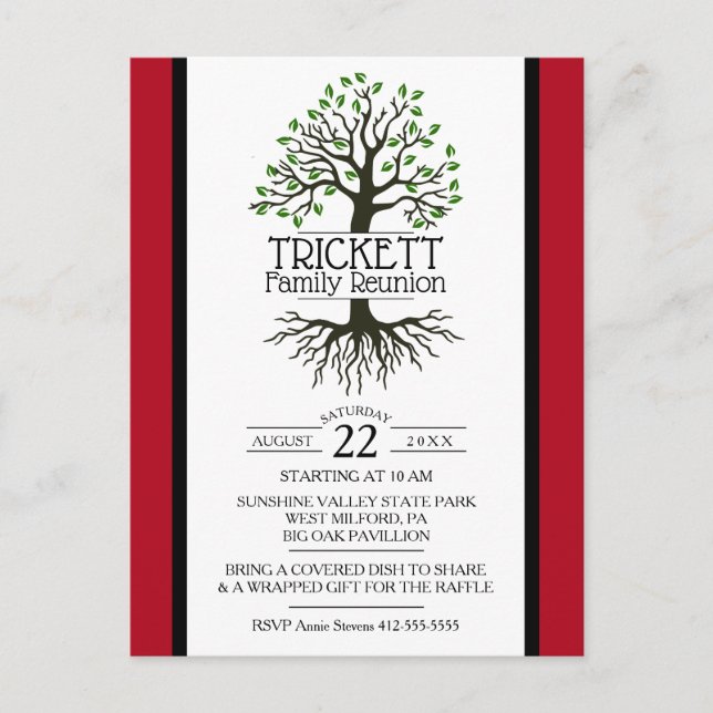 Dark Red Family Tree Family Reunion Invitation Postcard (Front)