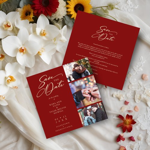 Dark Red Fancy Collage 3 Photos Couple Wedding Save The Date