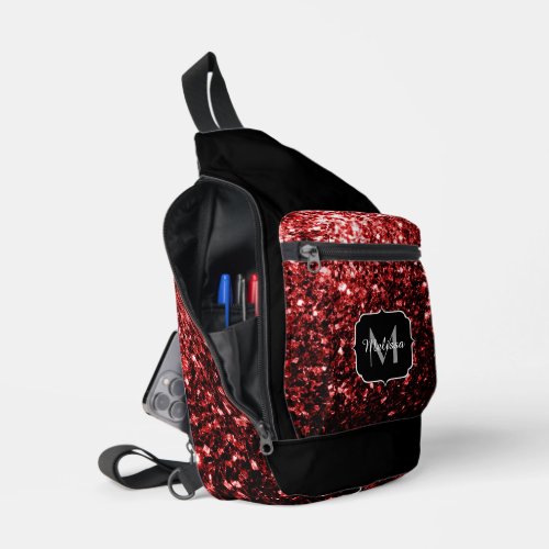 Dark red faux glitter sparkles Black Monogram Sling Bag