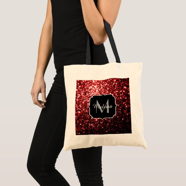Dark Red faux Glitter sparkles Glamor Monogram Tote Bag (Front (Product))