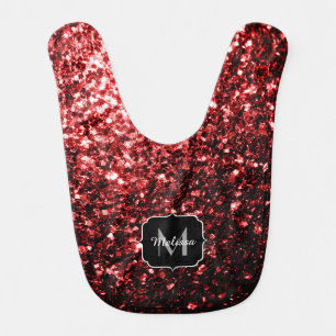 Dark Red faux Glitter sparkles Glamour Monogram Baby Bib