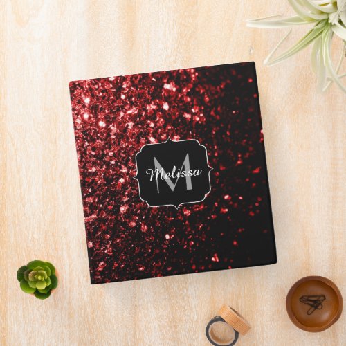 Dark Red faux Glitter sparkles Glamour Monogram Binder