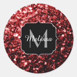 Dark Red faux Glitter sparkles Glamour Monogram Classic Round Sticker