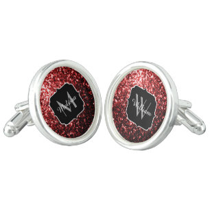 Dark Red faux Glitter sparkles Glamour Monogram Cufflinks