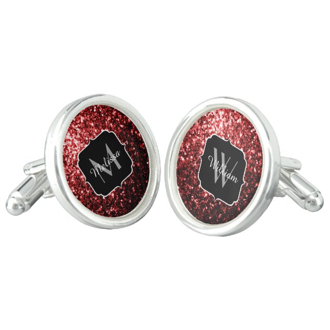 Dark Red faux Glitter sparkles Glamour Monogram Cufflinks (Angled)
