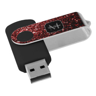 Dark Red faux Glitter sparkles Glamour Monogram Flash Drive