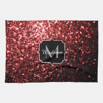 Dark Red Faux Glitter Sparkles Glamour Monogram Kitchen Towel by PLdesign at Zazzle