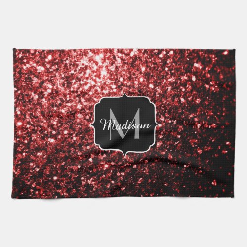 Dark Red faux Glitter sparkles Glamour Monogram Kitchen Towel