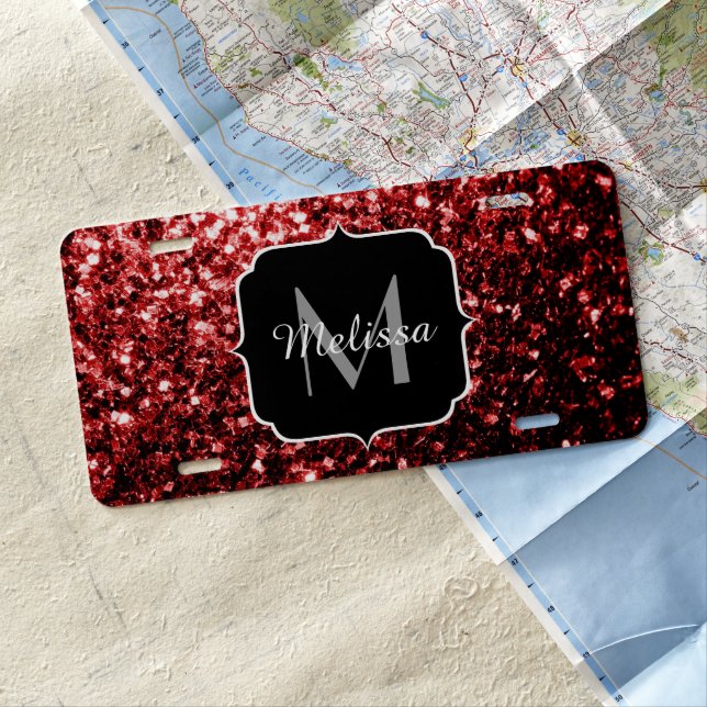Dark Red faux Glitter sparkles Glamour Monogram License Plate (In Situ)